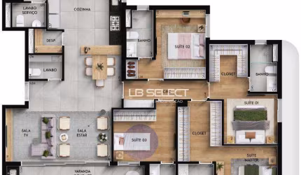 Apartamento com quatro suítes e varanda gourmet.