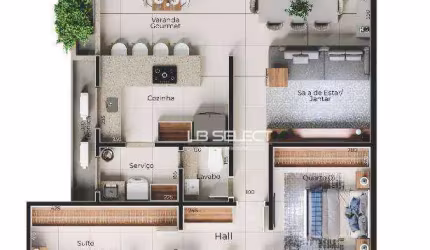 Apartamento com três quartos, sendo uma suíte, varanda gourmet e duas vagas de garagem.