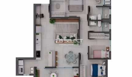 Apartamento com dois quartos, suíte com closet e varanda gourmet com churrasqueira.