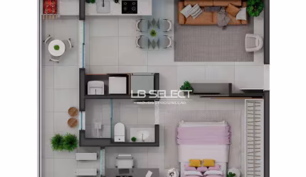 Apartamento com um quarto, banheiro e varanda gourmet.