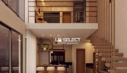 Loft com mezanino com quarto, banheiro, varanda gourmet e uma vaga de garagem.
