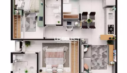 Apartamento com dois quartos, uma suíte e uma vaga de garagem.