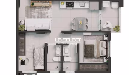 Apartamento com dois quartos, uma suíte, banheiro social e varanda.