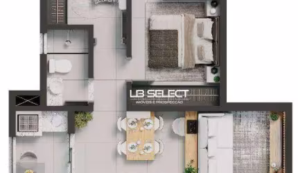 Apartamento com dois quartos, suite e varanda.