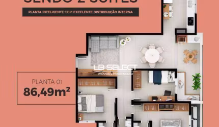 Apartamento com três quartos, duas suites e área gourmet.