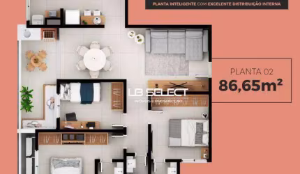 Apartamento com três quartos, duas suites, e área gourmet.
