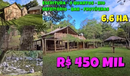[839] POUSADA EM MAQUINÉ, ESCRITURADA, COM 6,6 HA, 2 CHALÉS, BAR, REFEITÓRIO, UMA CASA E MUITAS FRUTÍFERAS