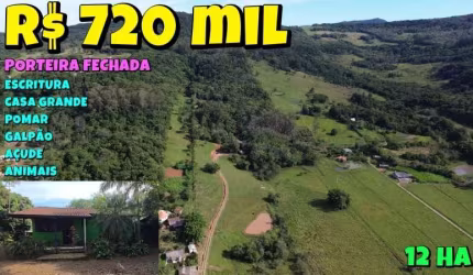 [849] CHÁCARA EM TAQUARA 12 HA, ESCRITURADA E DE PORTEIRA FECHADA, CASA, GALPÃO, AÇUDE. ROÇA, POMAR