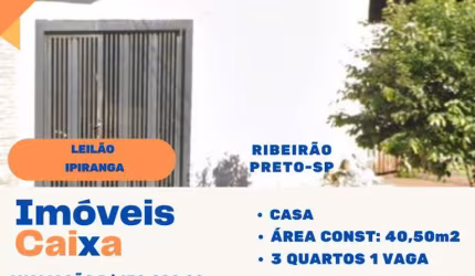 Casa para Venda em Ribeirão Preto, Ipiranga, 3 dormitórios, 1 banheiro, 1 vaga