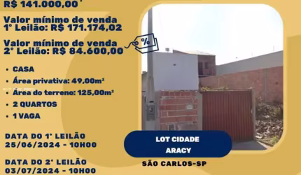 Casa para Venda em São Carlos, Cidade Aracy, 2 dormitórios, 1 banheiro, 1 vaga