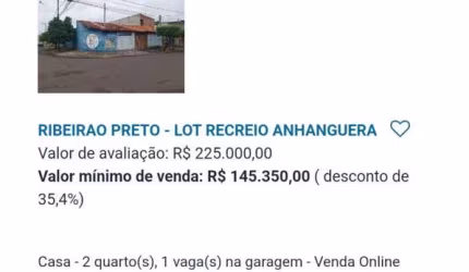 Casa para Venda em Ribeirão Preto, Recreio Anhangüera, 2 dormitórios, 1 banheiro, 1 vaga