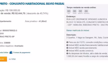 Apartamento para Venda em Ribeirão Preto, Conjunto Habitacional Sílvio Passalacqua, 2 dormitórios, 1 banheiro, 1 vaga