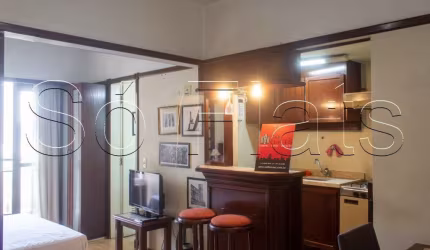 Flat na região central de SP com 32m² contendo 1 dorm e 1 vaga de garagem disponível para locação.