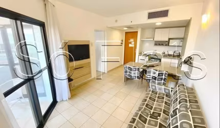 Flat em Santos disponível para locação com 47m², 01 dormitório e 01 vaga de garagem.