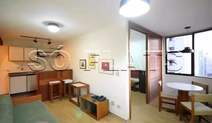 Flat totalmente mobiliado em Pinheiros disponível para venda.