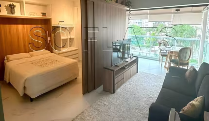 Flat para locação no Home Design, contendo 49m², 1 dormitório, 1 vaga de garagem e mobília completa.