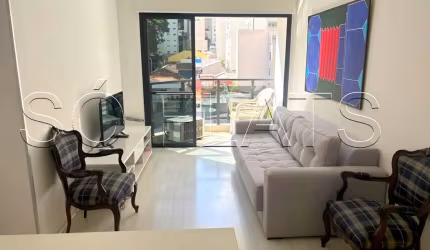Flat totalmente mobiliado disponível para locação com 45m², 1 dormitório e 1 vaga.