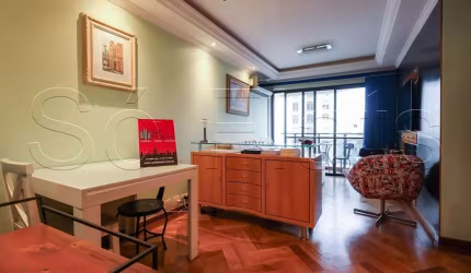 Flat totalmente mobiliado disponível para locação com 45m², 1 dormitório e 1 vaga.