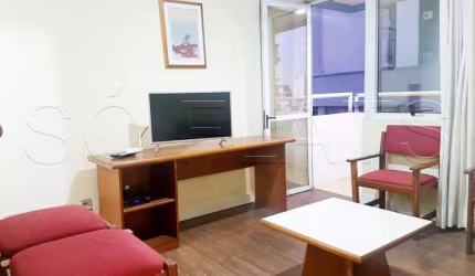 Flat mobiliado com 42m² com quarto, sala, cozinha completa e banheiro, a 200 m da Av. Paulista.