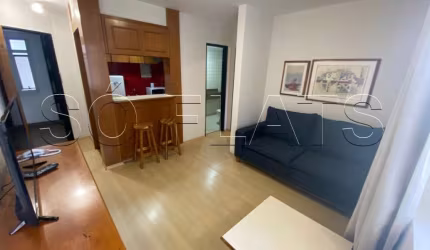 Flat mobiliado com 42m² com quarto, sala, cozinha completa e banheiro, a 200 m da Av. Paulista.