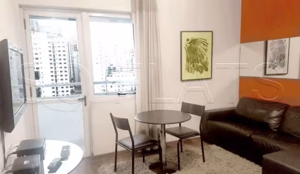Flat mobiliado com 42m² com quarto, sala, cozinha completa e banheiro, a 200 m da Av. Paulista.