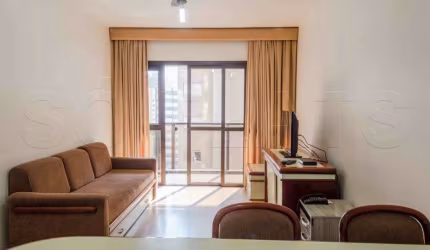 Flat mobiliado com serviços com 1 amplo dormitório e sala com varanda no Jardins. Sem fiador.