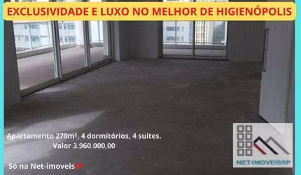 APARTAMENTO 4 DORMITÓRIOS (270m²), 4 SUÍTES, 4 VAGAS, TERRAÇO GOURMET. ALTÍSSIMO PADRÃO EM HIGIENÓPOLIS