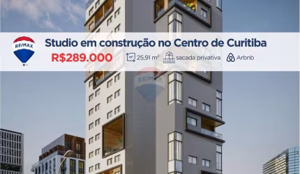 Studio à venda, 26 m2, sacada, Centro - Curitiba/PR