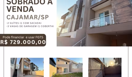 Sobrado para venda, 2 suítes, 3 vagas (1coberta), em Portais III, Cajamar/SP, nunca habitado, por 729 mil, aceita financiamento bancário e FGTS