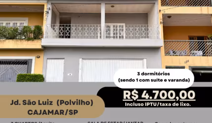 Excelente sobrado para alugar, individual, 3 dorms (1 suíte), varandas, 4 vagas cobertas, quintal e muito mais.