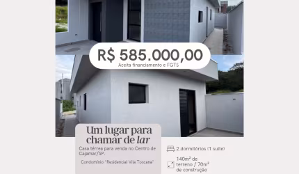 Casa totalmente térrea por 585 mil, 2 dorms, 1 suíte, 2 vagas, pronta para morar, Centro de Cajamar/SP
