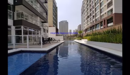Apartamento Studio 38m², 1 dormitório, 1 banheiro e 1 vaga de garagem.   Condomínio portaria, segurança 24hrs, academia, piscina, salão de festas,
