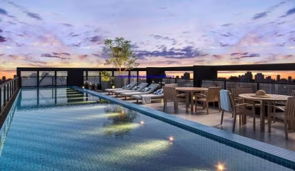 Apartamento Studio 23m², 01 dormitório e 01 banheiro.  Condomínio com portaria, segurança,  piscina e academia.  Excelente localização