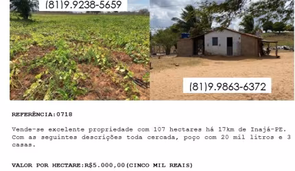 Excelente propriedade com 107 hectares localizada a 17 km de Inajá-PE.
