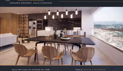 Apartamento com120m², 4 dormitórios, sendo 4 suítes, varanda gourmet integrada com sala e cozinha, lavabo, e 2 vagas de garagem.