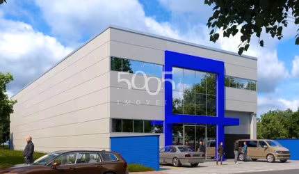 Galpão industrial em construção para locação, entrega em outubro de 2024, com 700m² de área construída e 1.000m² de área total