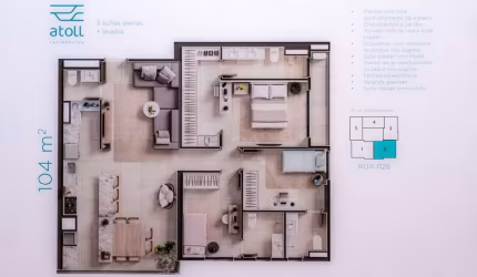 Ágio Apto 104m2 - Atoll Residências  Apartamento com 3 Quarto(s) e 4 banheiro(s) à Venda, 104 por R$ 1.300.000 no setor Setor Marista AD26840