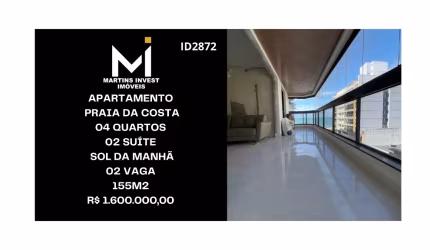 Apartamento na Praia da Costa, 04 quartos, 2 Suítes, 02 Vagas, Sol da Manhã,  Frente, Vista para o Mar, 155m2 R$ 1,6 Milhão