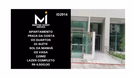 Apartamento Praia da Costa, 03 Quartos, Suíte, Sol da Manhã, 02 Vagas, 115m2