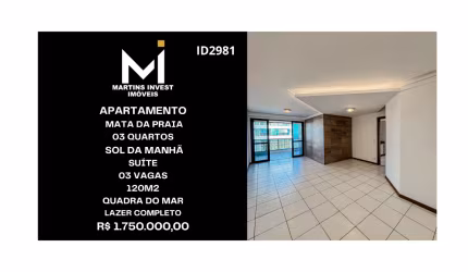 Apartamento em Mata da Praia, 03 Quartos, Suíte, Sol da manha, 03 Vagas, na Quadra do Mar, Lazer Completo, 120m2, R$ 1.750.000
