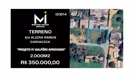 Terreno 2.000m2 em Alzira Ramos em Cariacica, Projeto aprovado para 04 Galpões de 250m2 - R$ 350Mil