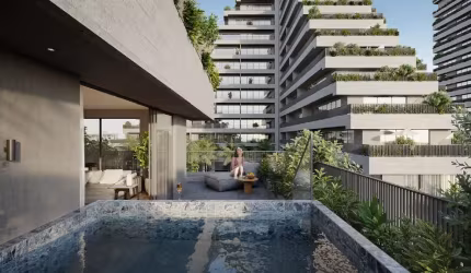 1 Suite com lavabo, 1 vaga e terraço com piscina