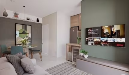 Apartamento de 58m2 com 2 dormitórios, 1 suíte e varanda na planta.