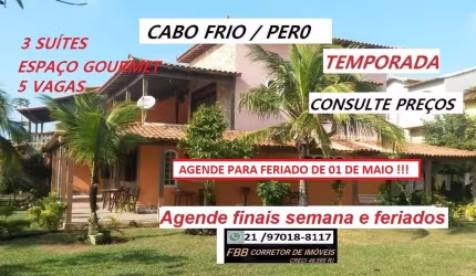 Casa para Temporada em Cabo Frio, Peró, 3 dormitórios, 3 suítes, 4 banheiros, 4 vagas