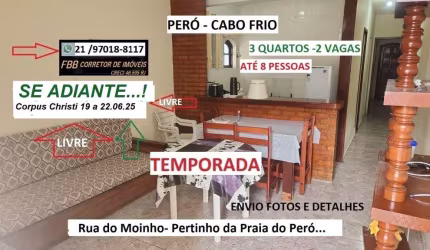 Casa em Condomínio para Temporada em Cabo Frio, Peró, 3 dormitórios, 2 banheiros, 2 vagas