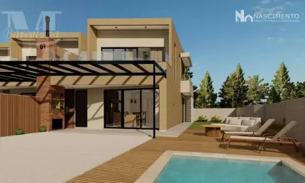 Sobrado alto padrão, com 3 quartos, sendo 2 no piso térreo, churrasqueira, terraço (com espera para piscina). há 450 metros da praia.