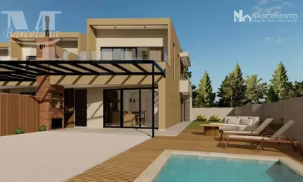 Sobrado alto padrão, com 3 quartos, sendo 2 no piso térreo, churrasqueira, terraço (com espera para piscina). há 450 metros da praia.