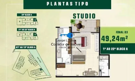 Studios de 49,24m2 e 57,59m2  1 vaga  venda e Locação com opção de compra!