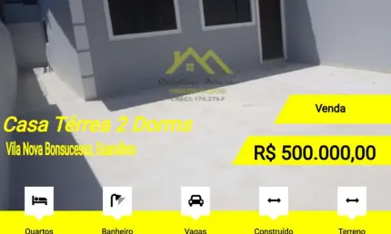 Casa para Venda em Guarulhos, Vila Nova Bonsucesso, 2 dormitórios, 1 banheiro, 3 vagas