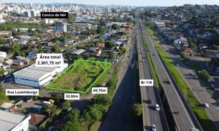 Lote plano com 2.301,75m² no bairro Rincão, com frente 69,75m para BR 116, Novo Hamburgo